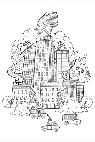 Godzilla Takes Over the City Coloring Page