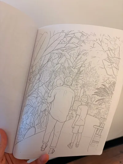 Coloring page of a family walking through a greenhouse with tropical plants