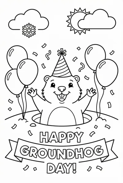 Groundhog Day Illustration with a Groundhog in a Party Hat Coloring Page