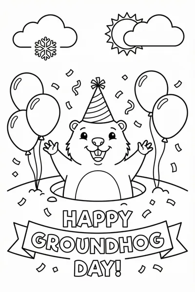 Groundhog Day Illustration with a Groundhog in a Party Hat Coloring Page