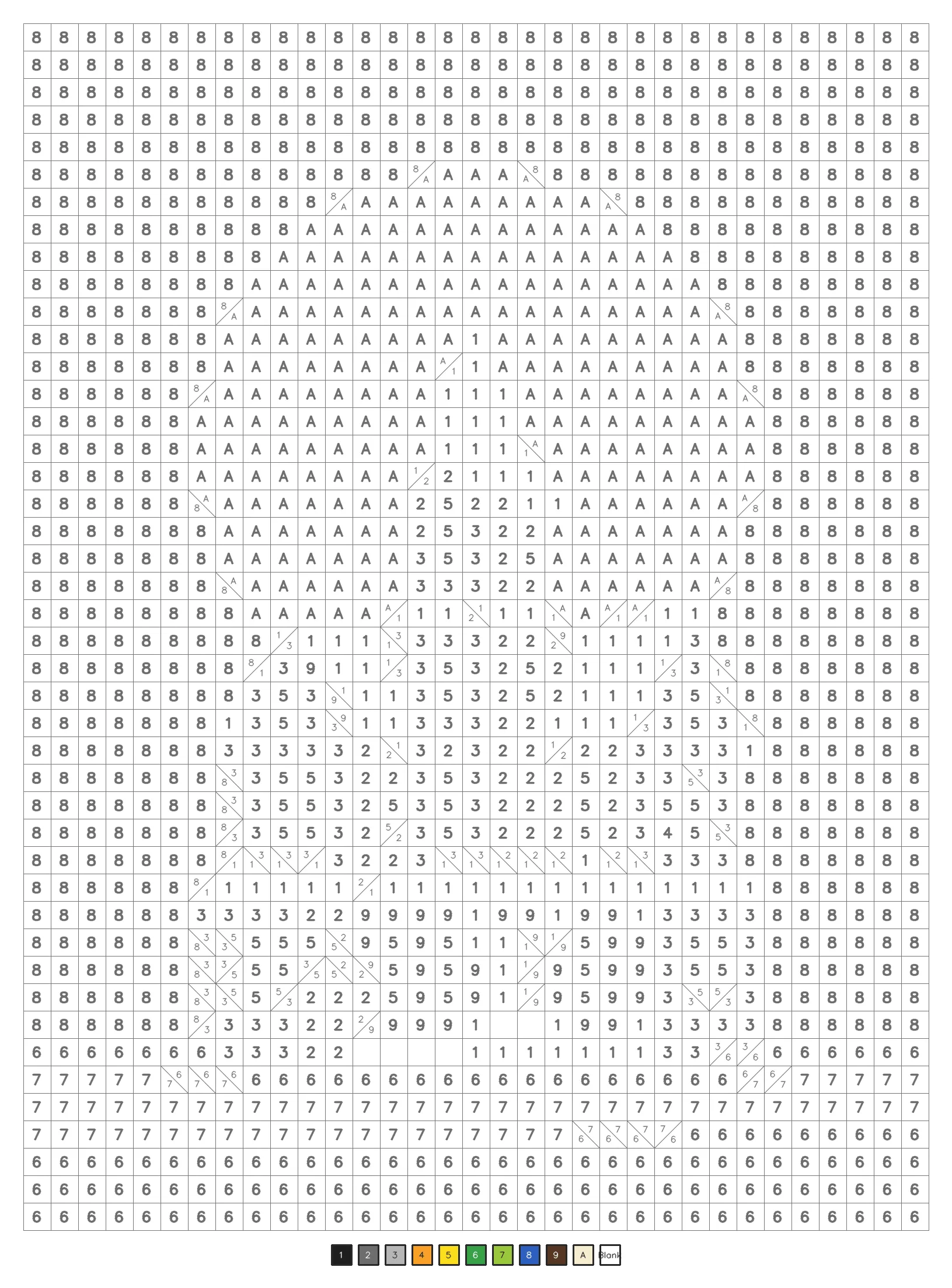 A classic Halloween color by number puzzle grid