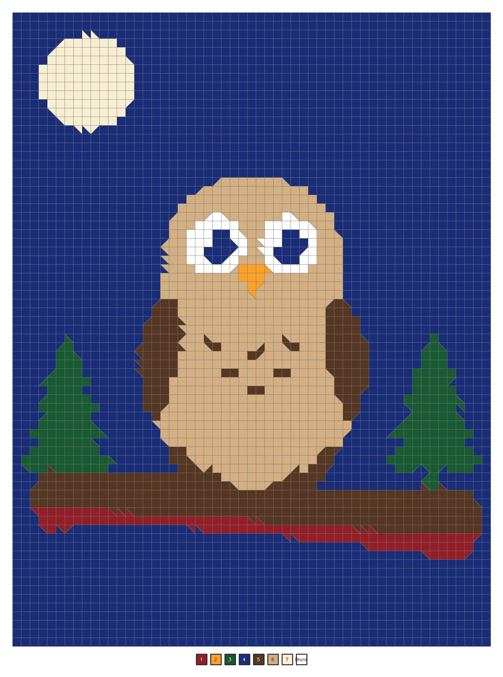 Answer key: a large owl with big eyes perched on a branch at night