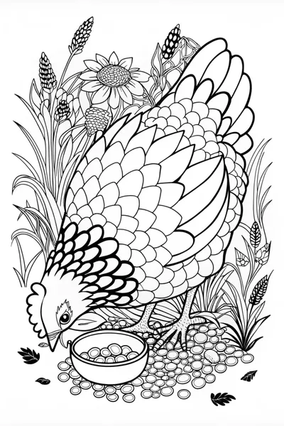 Hen Eating Seeds – Intricate Coloring Page