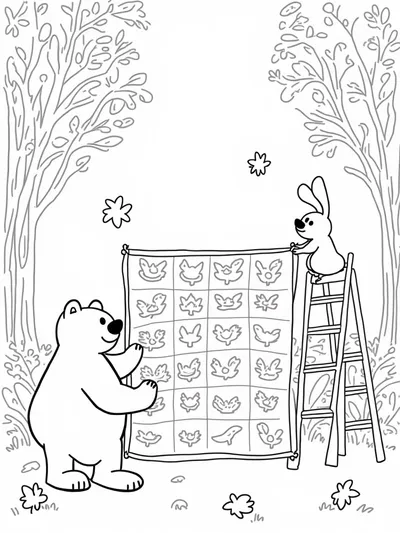 Bear sewing a colorful quilt