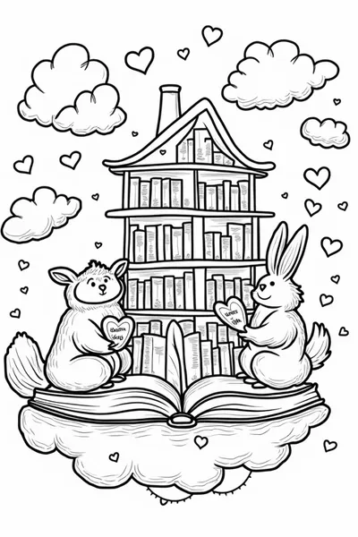 Animals reading in a floating library