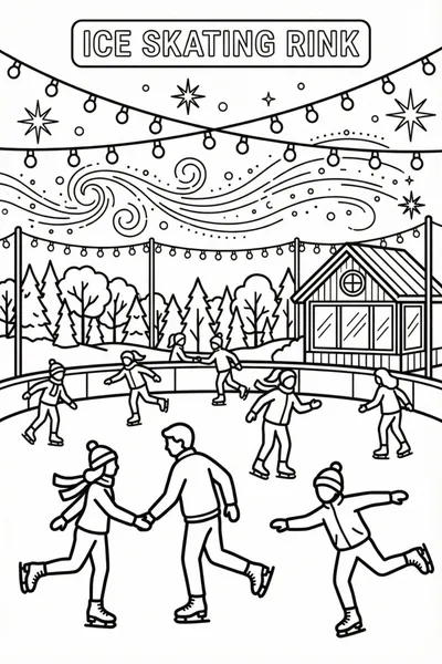 Ice Skating Rink with Figures and Colorful Lighting Coloring Page