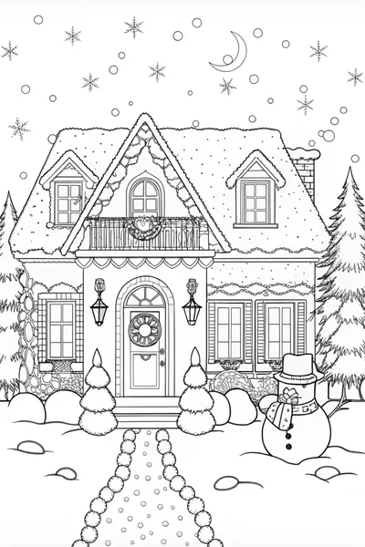 Cozy Snowy Cottage Coloring Page