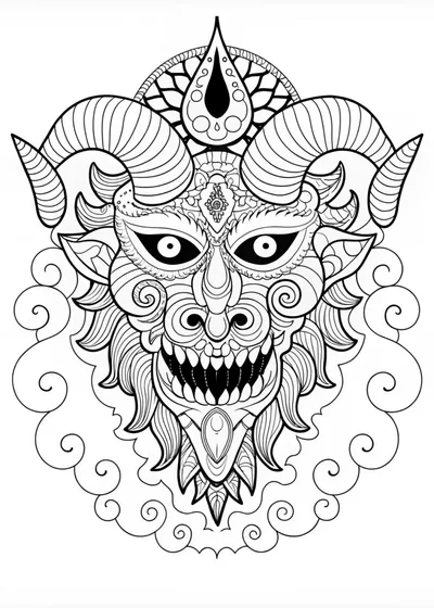 Intricate Demon with Ram Horns Coloring Page