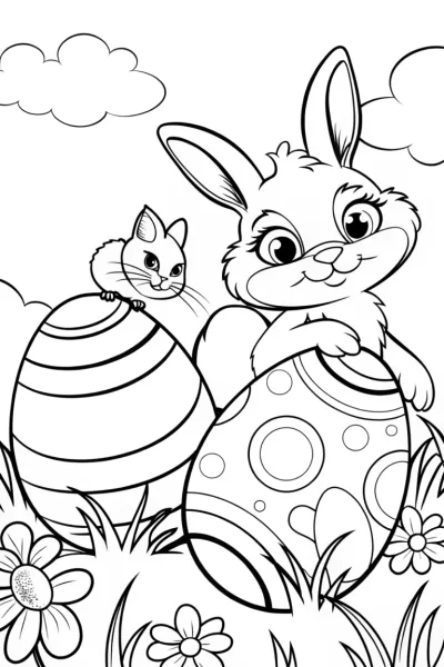 Bunny and Cat Easter Egg Coloring Page