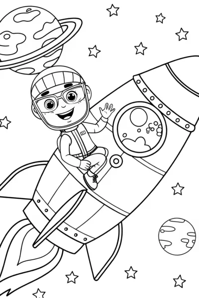 Blippi flying a colorful rocket