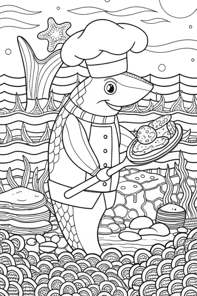 Shark chef cooking in the ocean