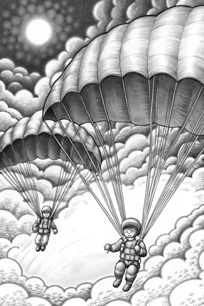 Children skydiving in summer sky