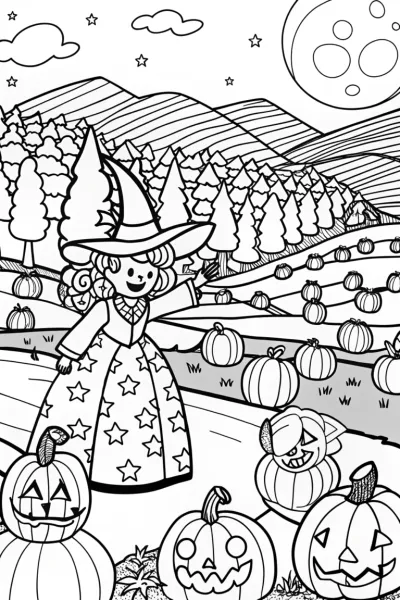 Witch and Her Pumpkin Patch Parade Coloring Page