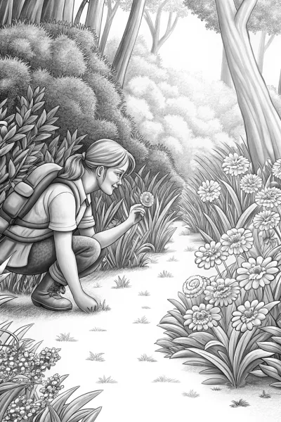 Flamingo botanist exploring a forest