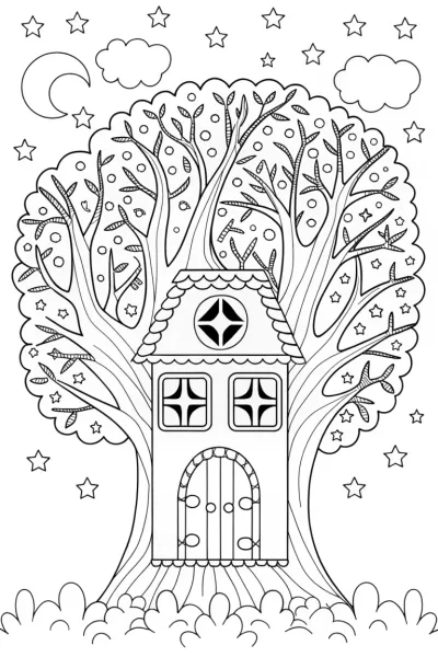 Starry Treehouse Adventure Coloring Page