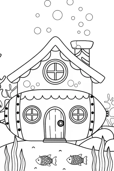 Gingerbread submarine in an underwater world coloring page