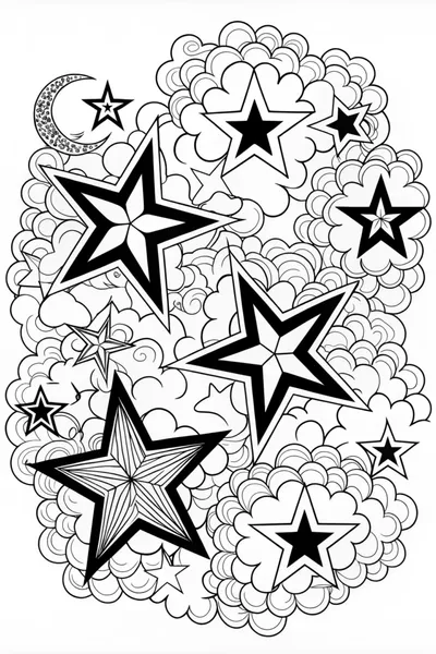 May Coloring Page with Stars and Clouds