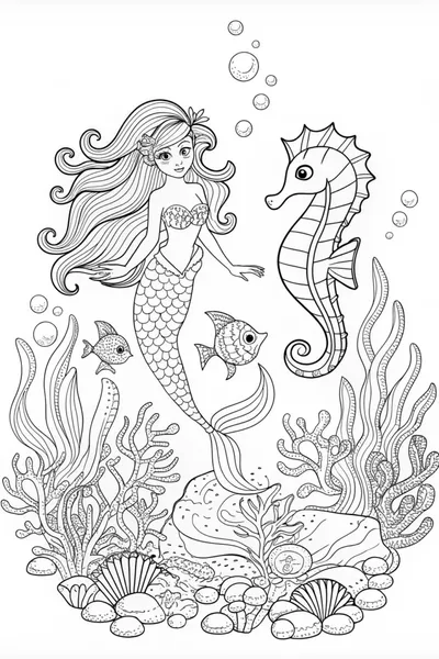 Mermaid Ariel’s Seahorse Friend Coloring Page