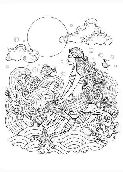 Moonlit Mermaid Serenity Coloring Page