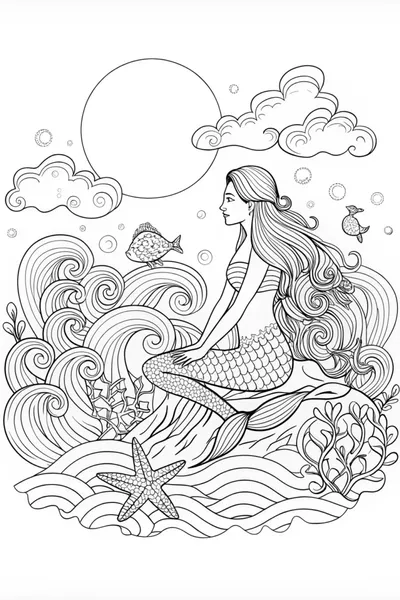 Moonlit Mermaid Serenity Coloring Page