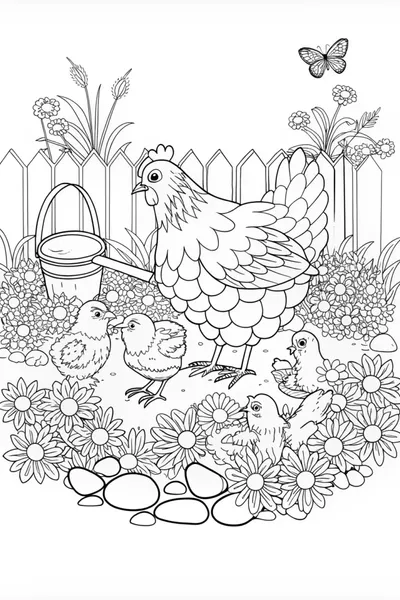 Mother Hen and Chicks in a Beautiful Garden