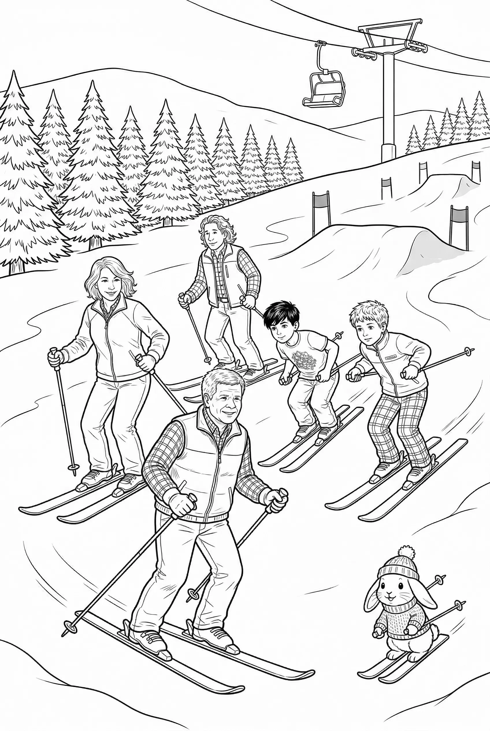 Multi character skiing scene with consistent references