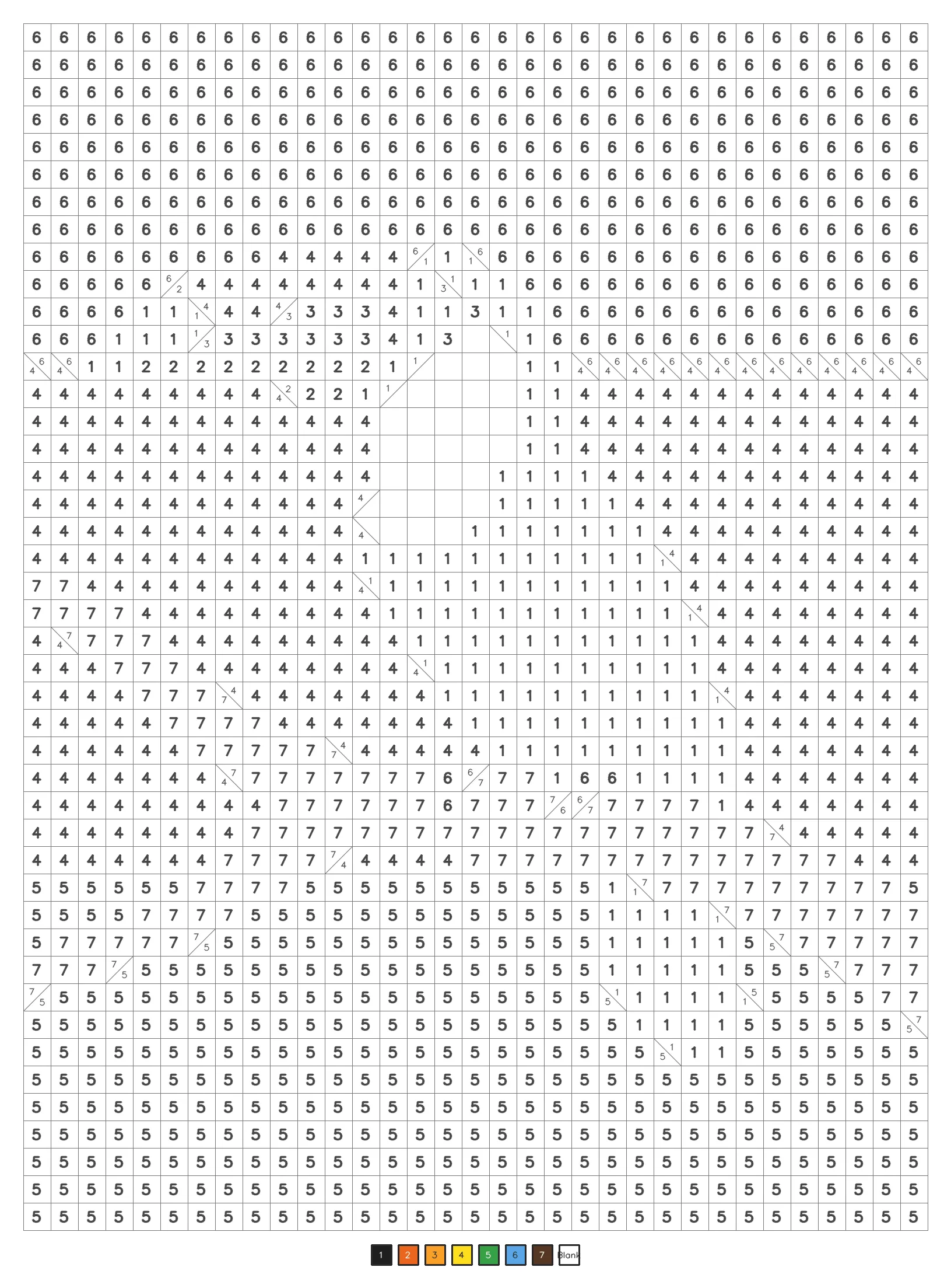 Classic mystery color by number puzzle with diagonal split cells
