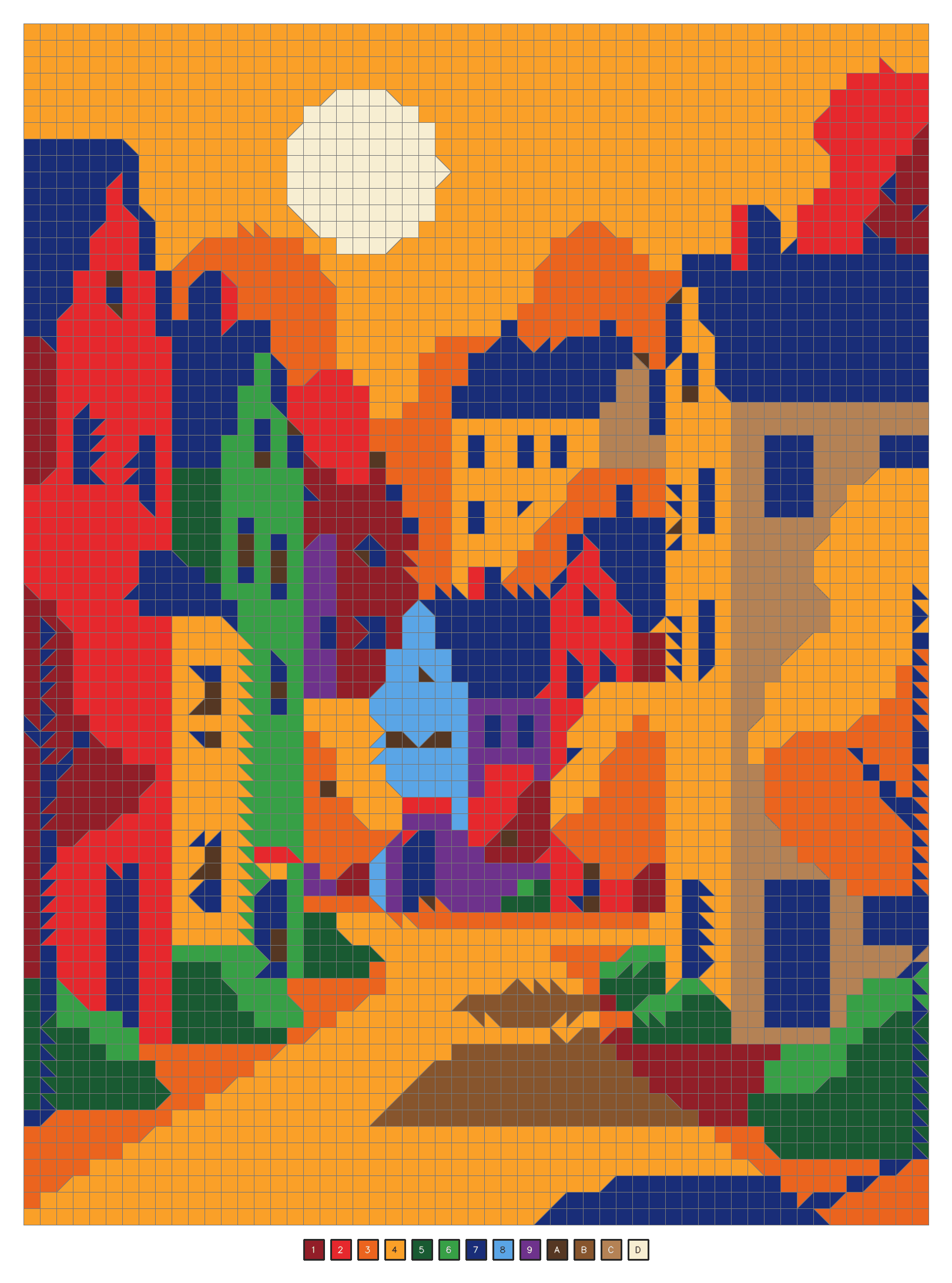 The completed puzzle revealing a village street with orange autumn trees