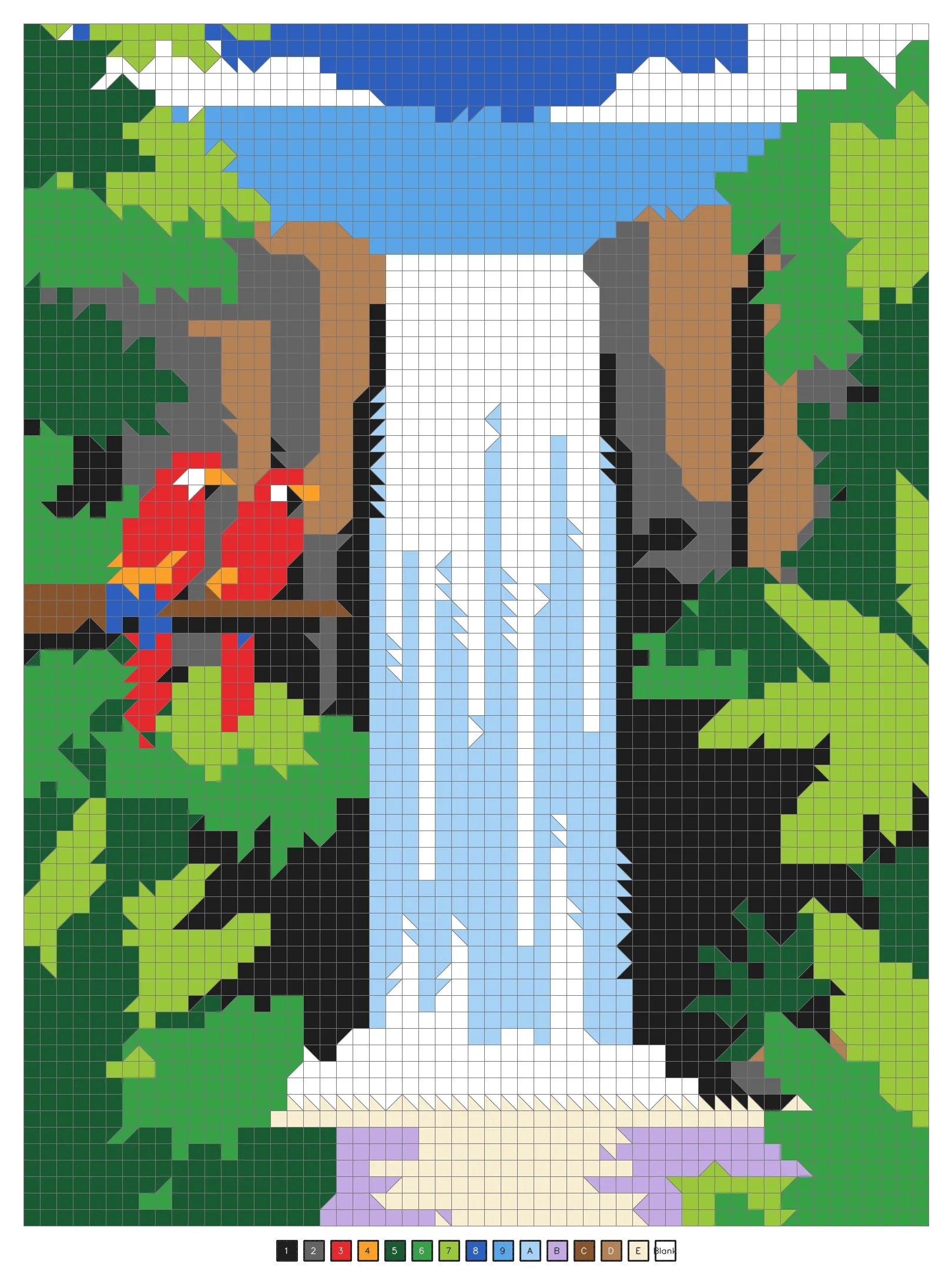 Answer key: a rainforest waterfall with two red parrots