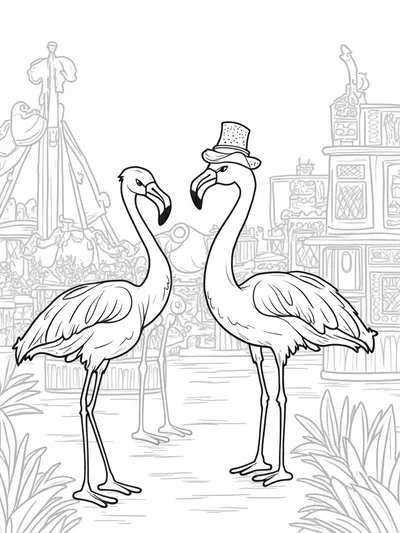 Flamingos at a vintage carnival
