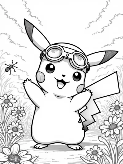 Pikachu inventing in the garden
