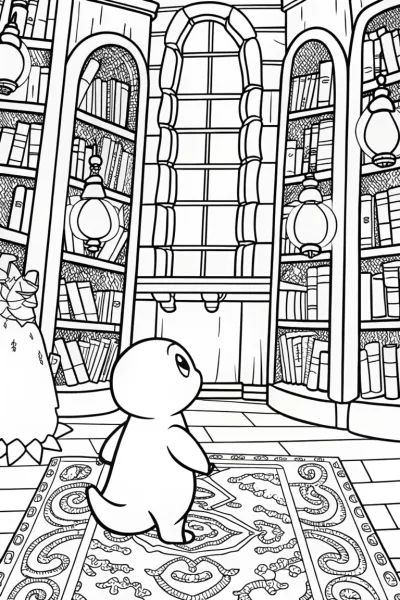 Charmander’s Enchanted Library Adventure Coloring Page