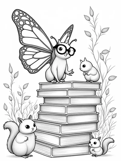 Butterfly librarian organizing books