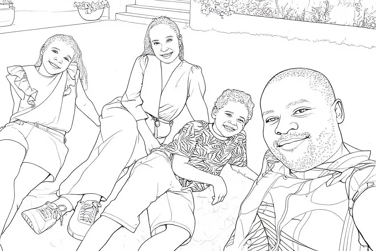 A printable coloring page made from a family photo on the lawn