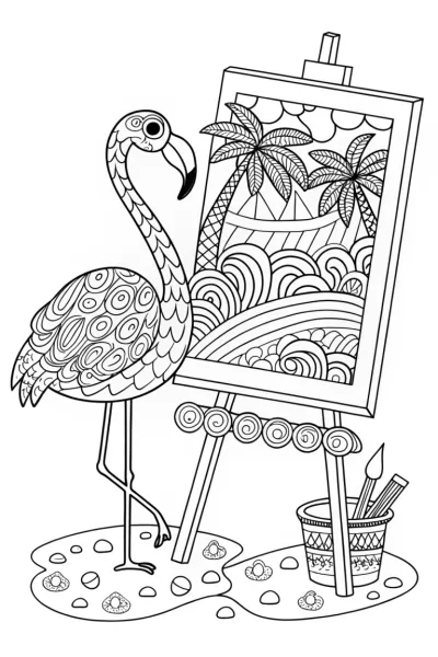 Flamingo Artist at the Beach Coloring Page