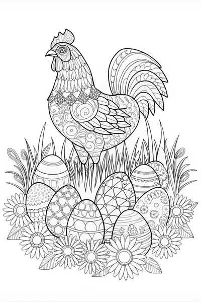 Ornate Rooster and Decorative Eggs Coloring Page
