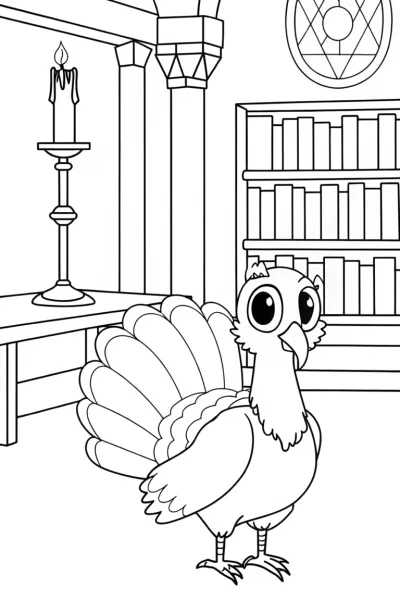 Quill the turkey in a magical library