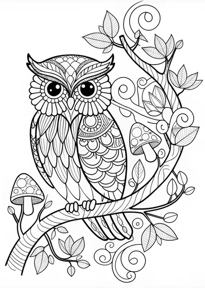 “Owl on a Branch: Intricate Coloring Page”