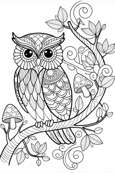 “Owl on a Branch: Intricate Coloring Page”
