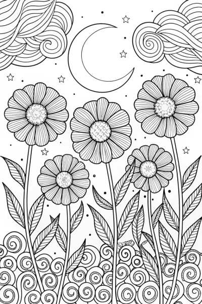 Petals in the Moonlight Coloring Page