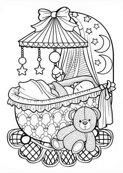 Peaceful Baby in Cradle with Teddy