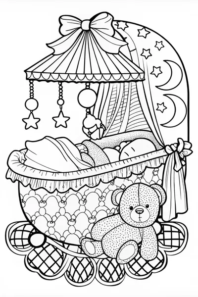 Peaceful Baby in Cradle with Teddy