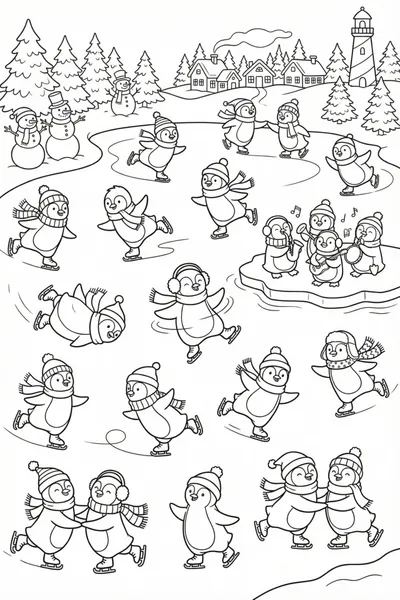 Penguins Ice Skating Coloring Page