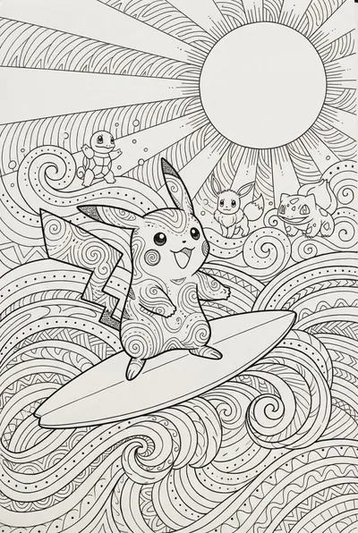 Pikachu Beach Surf Coloring Page