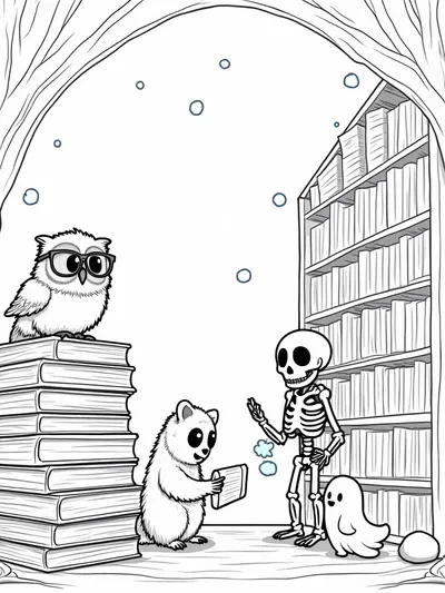 Library scene with a friendly skeleton