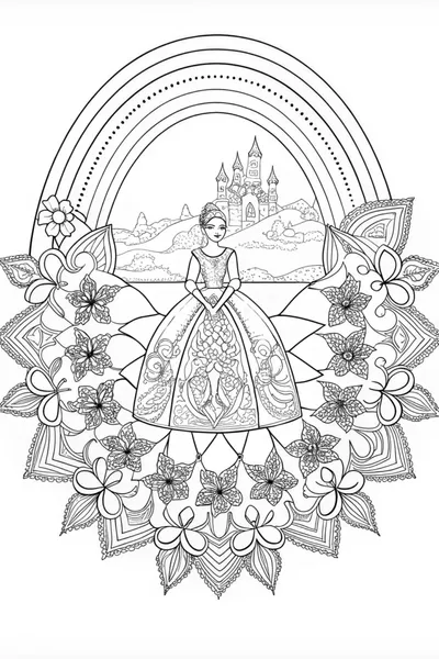Princess Coloring Page with Rainbow and Mandala Design