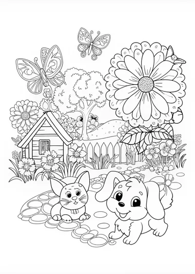 Puppy and Friends in a Garden Wonderland