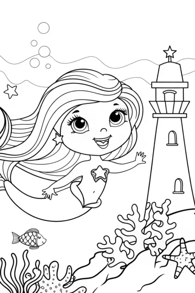Mermaid’s Starry Lighthouse Adventure Coloring Page