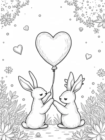 Rabbits holding a heart balloon
