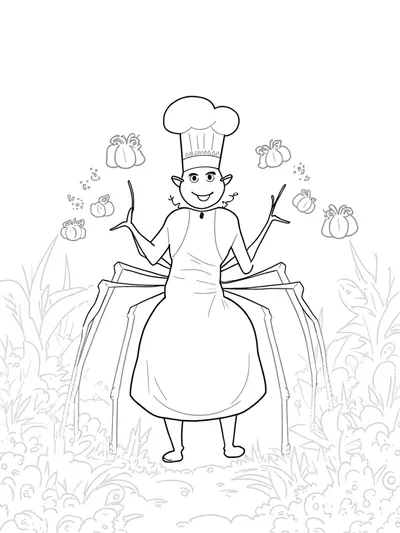 Spider chef juggling fruits